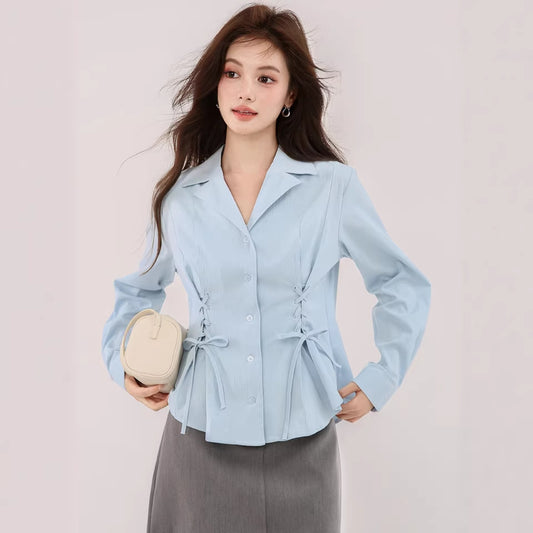 New Blue French-style Suit-collar Shirt With A Tie Waist And Long Sleeves