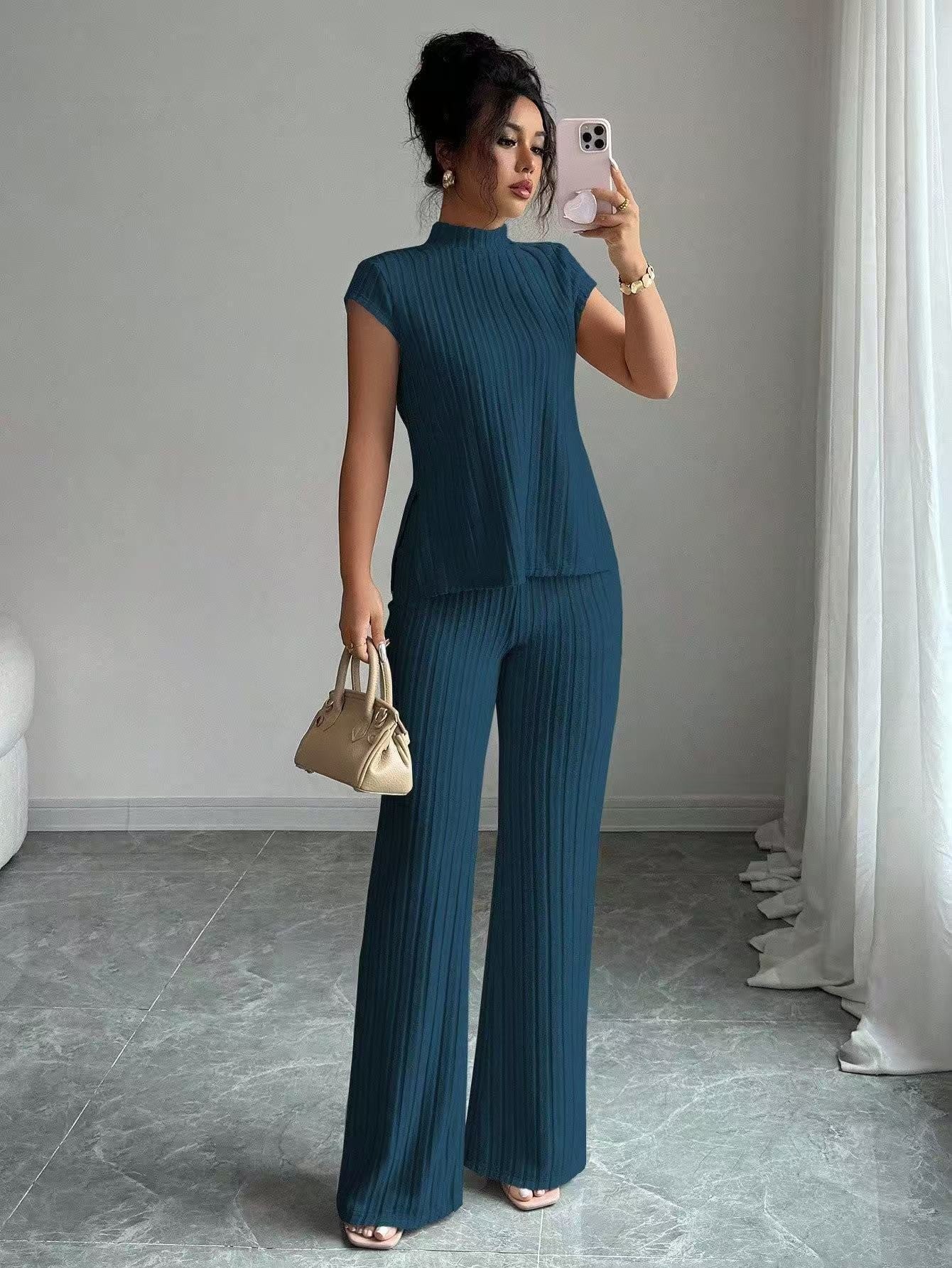 Solid-color Short-sleeve Top And Ribbed Casual Pants Set