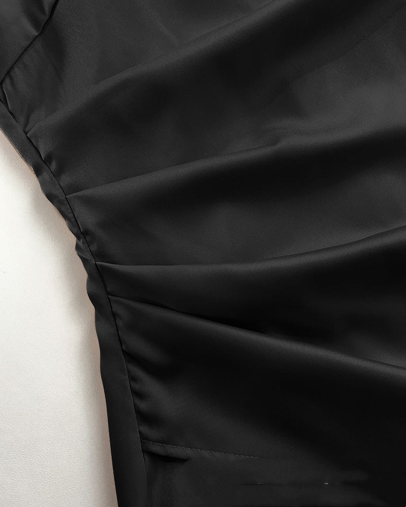 European And American-style Solid-color One-shoulder Pleated Slit Dress