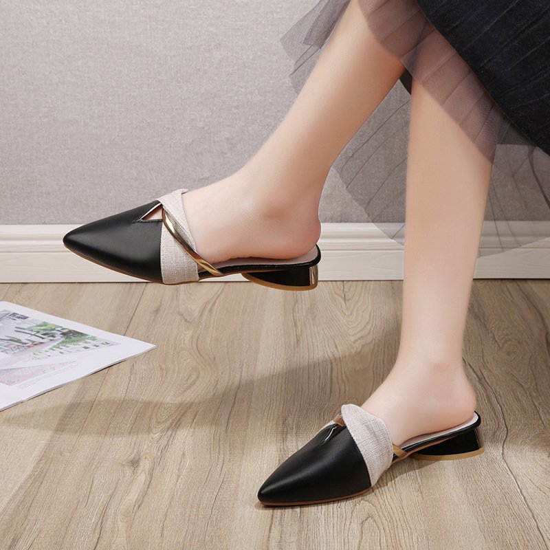 Baotou Half Slippers Pointed Toe Thick Heel Shoes Fairy Style Casual Sandals