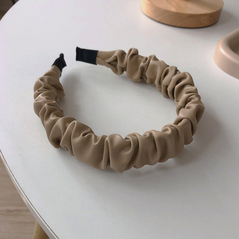 French High-end PU Leather Pleated Headband