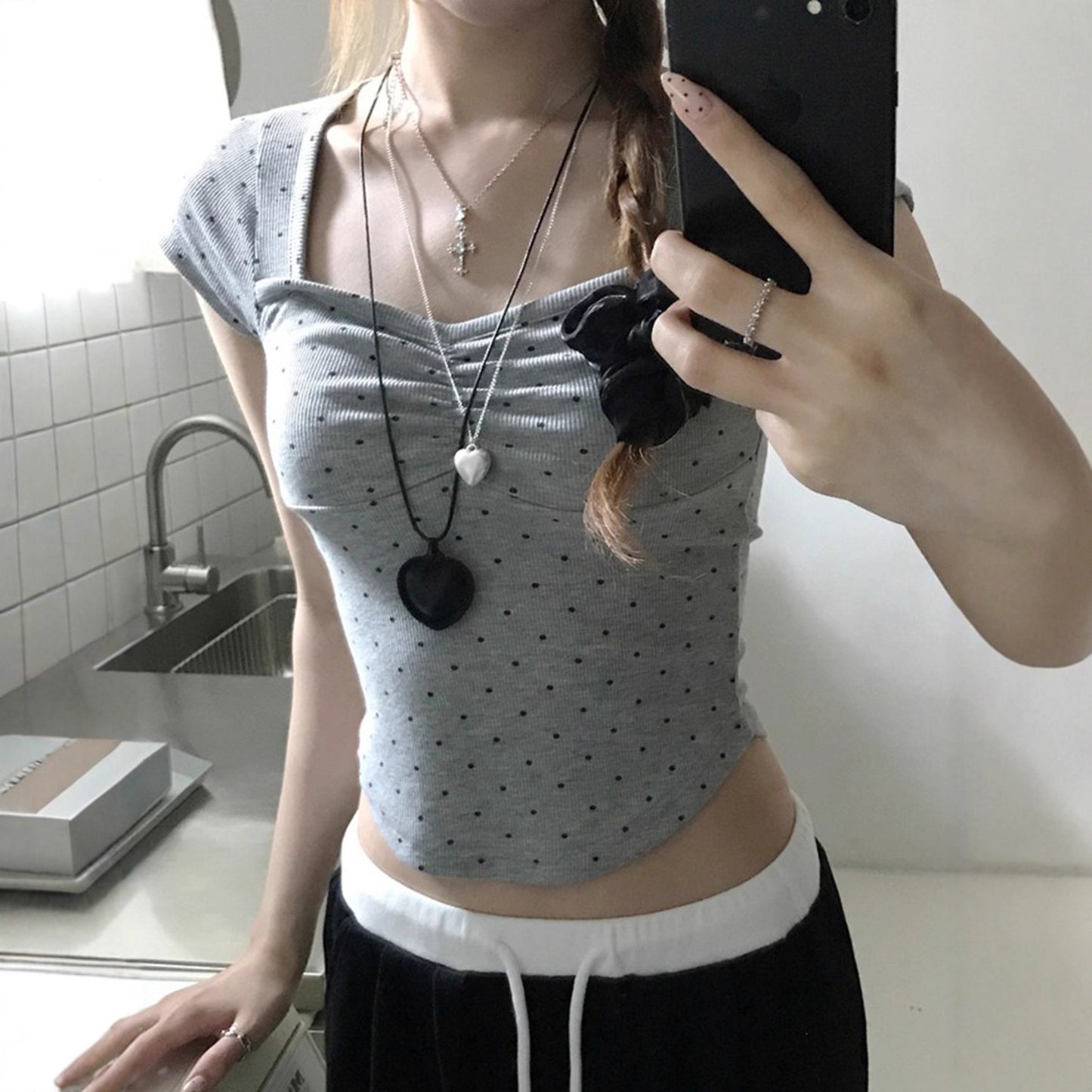 Womens Off-shoulder Polka-dot Short-sleeve Slim-fit Asymmetrical Top