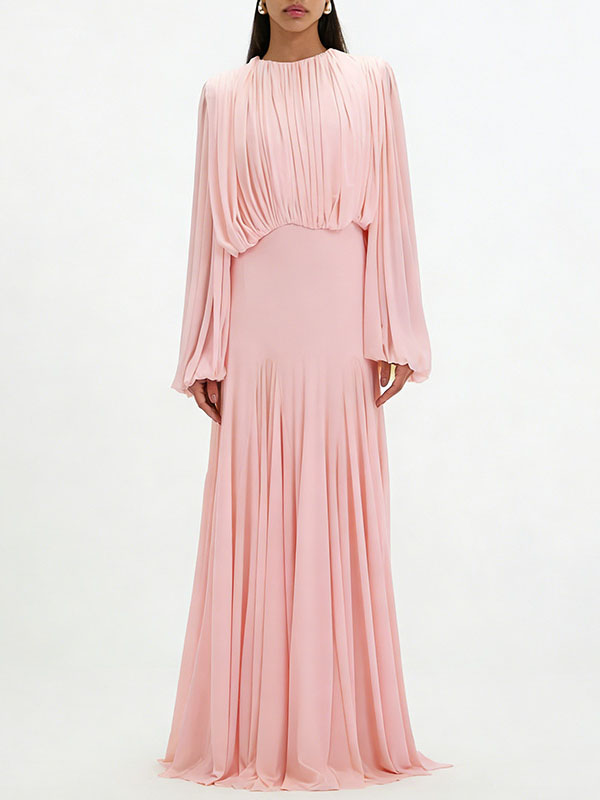Pleated Patchwork Waist-cinching Long Dress
