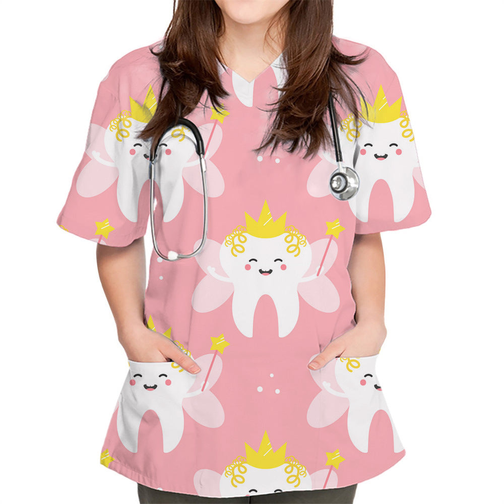 V-neck Cute Plain Pattern Series 3D Cloth For Nursing Workers