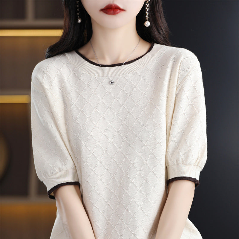 100 Cotton Knitted Short-sleeved Women's Loose Slimming Pullover Thin Bottoming T-shirt