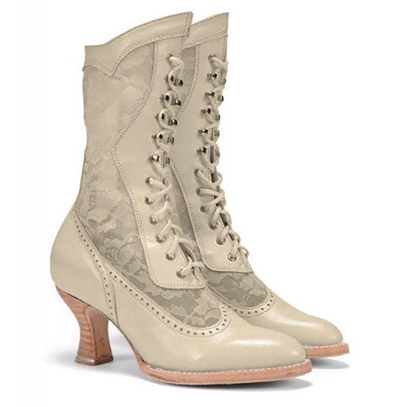 British Style Lace-paneled Boots With Front Lace-up
