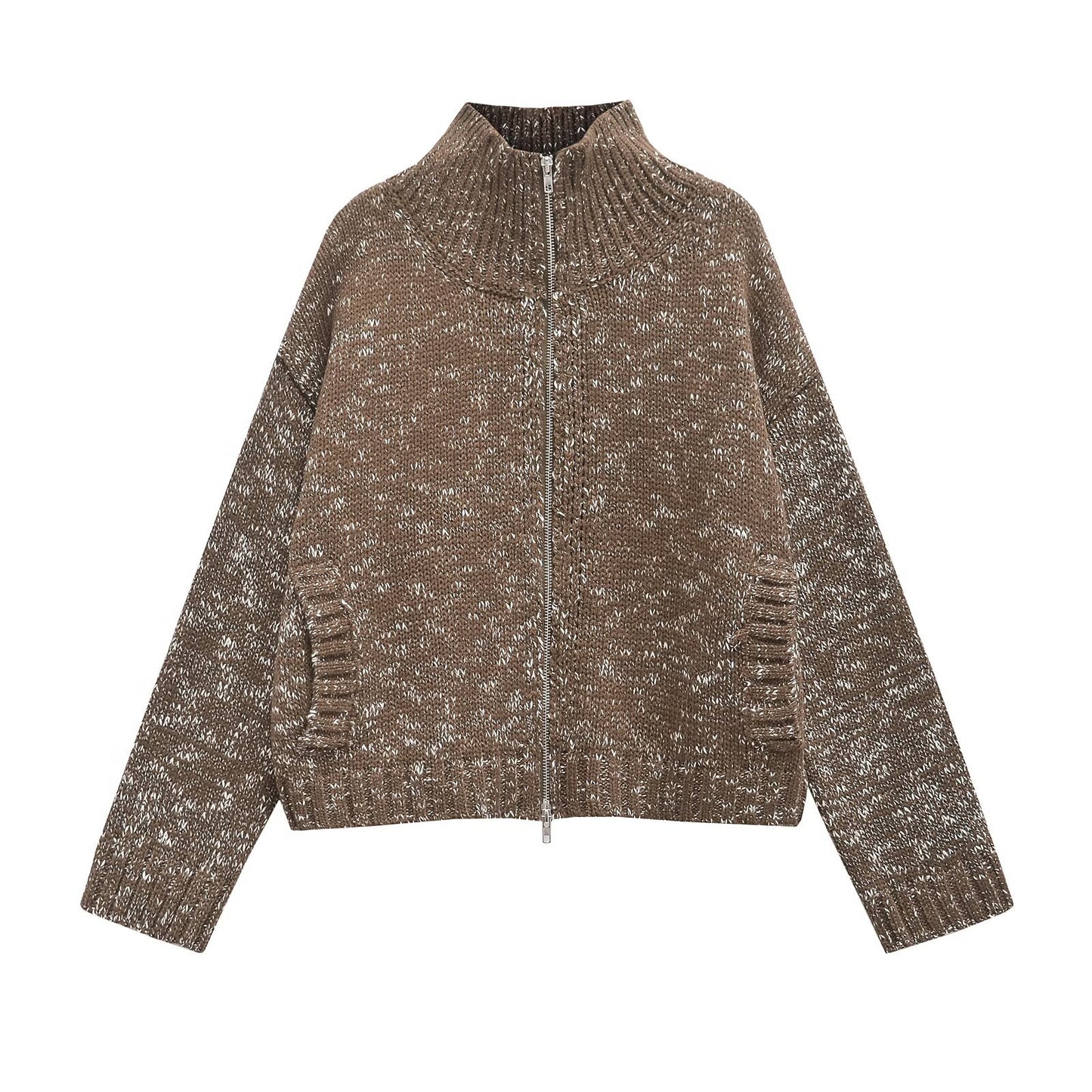 Spring Zipped Stand Collar Short Long Sleeve Knitted Coat