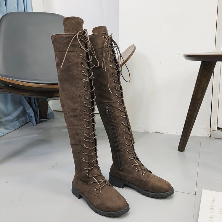 Lace-up Over-the-knee Flat Boots Women's Shoes