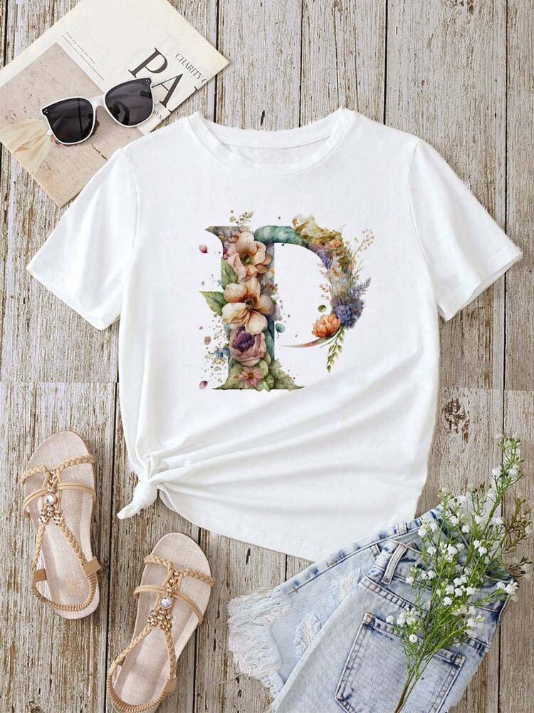 Stylish Womens T-shirt Featuring A Floral Letter Font With The First Letter Of Your Name Short-sleeve Top In White