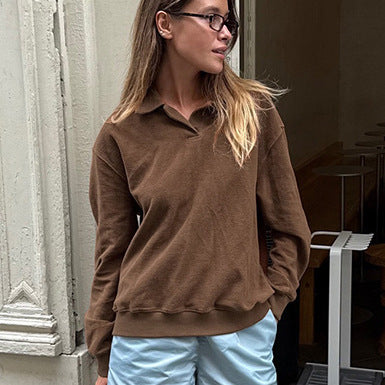 Retro Brun Casual Langærmet Revers Polo T-shirt