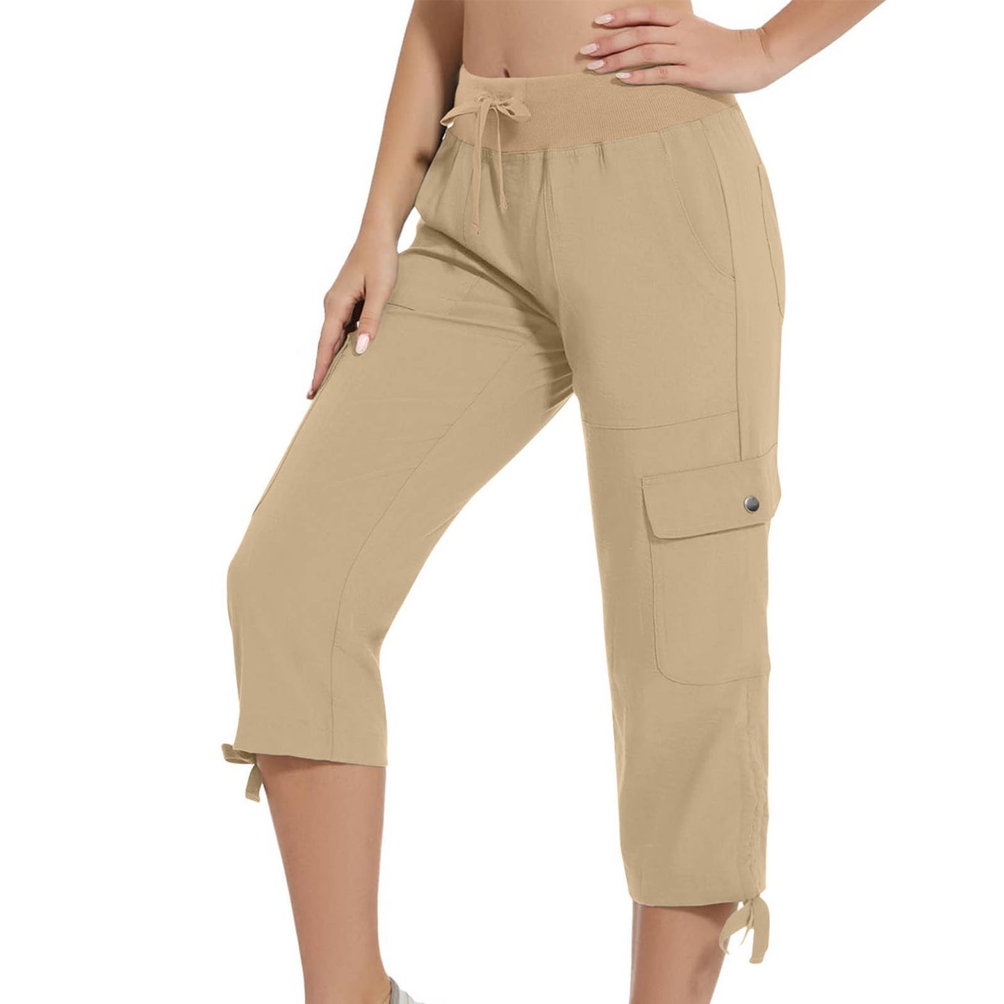 Womens Workwear Cropped Pants With Pockets And Elastic Waistband Stylish And Casual