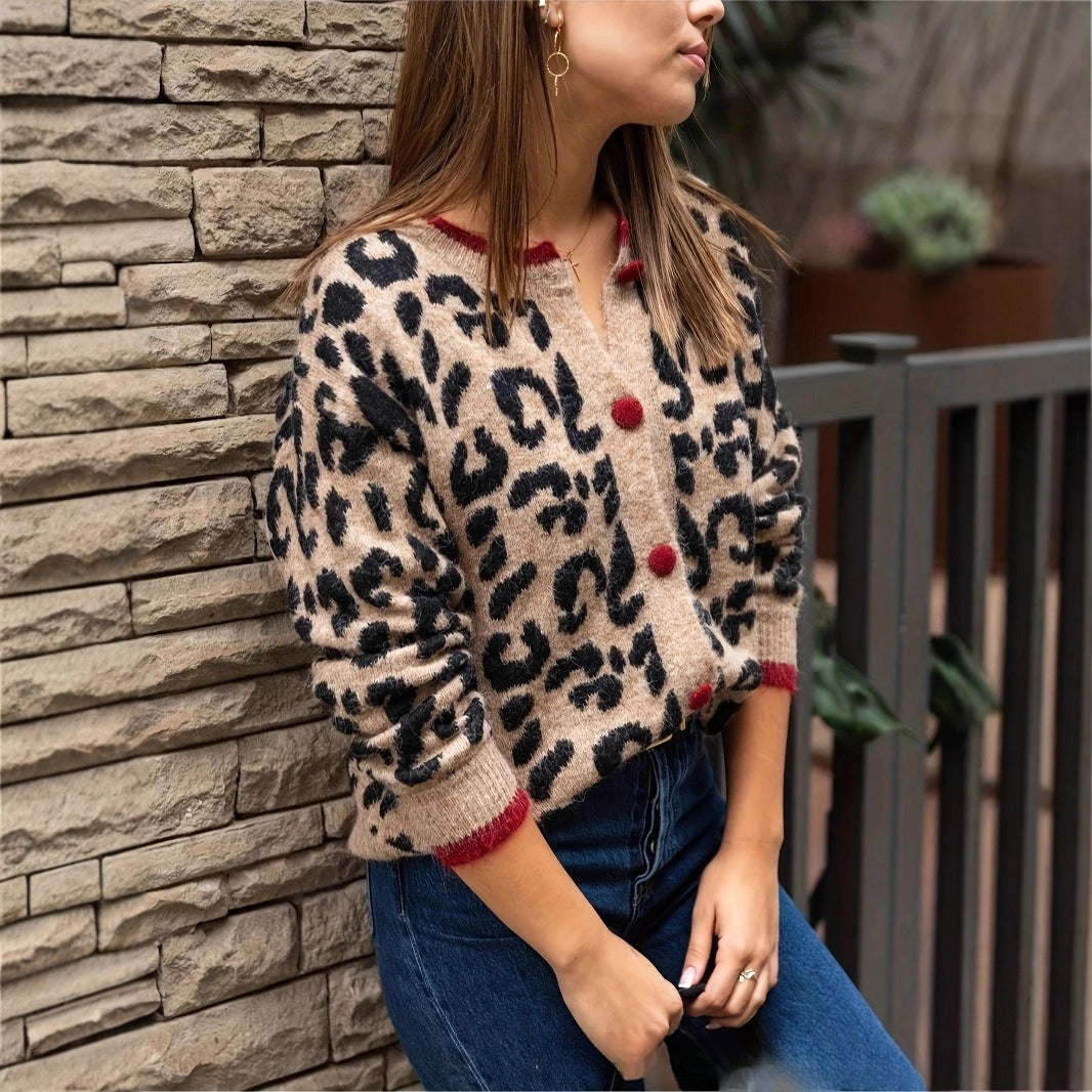 Retro Contrast Color Leopard Print Cardigan Round Neck Sweater