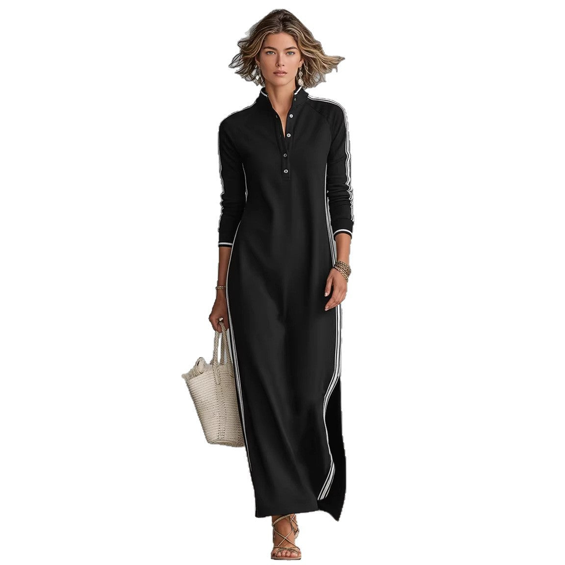 Womens Minimalist White-Bordered Buttoned Stand-Collar Sweater Dress