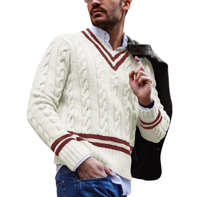 Men's Striped Color Blocking Knitting V-neck Sweater