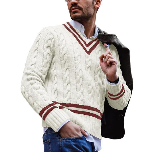 Men's Striped Color Blocking Knitting V-neck Sweater