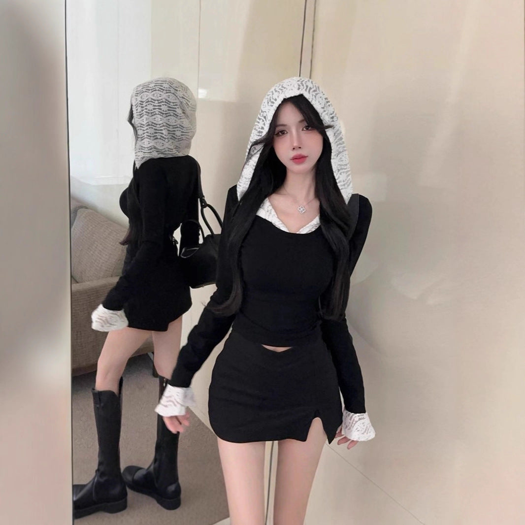 Hooded Lace Long-sleeve Sexy Versatile