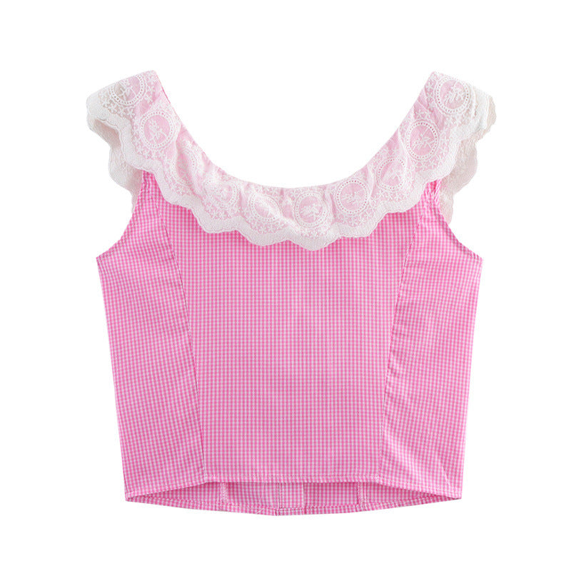 Sweet Style Sleeveless Vest Strap American Style Lace Plaid Strap Top