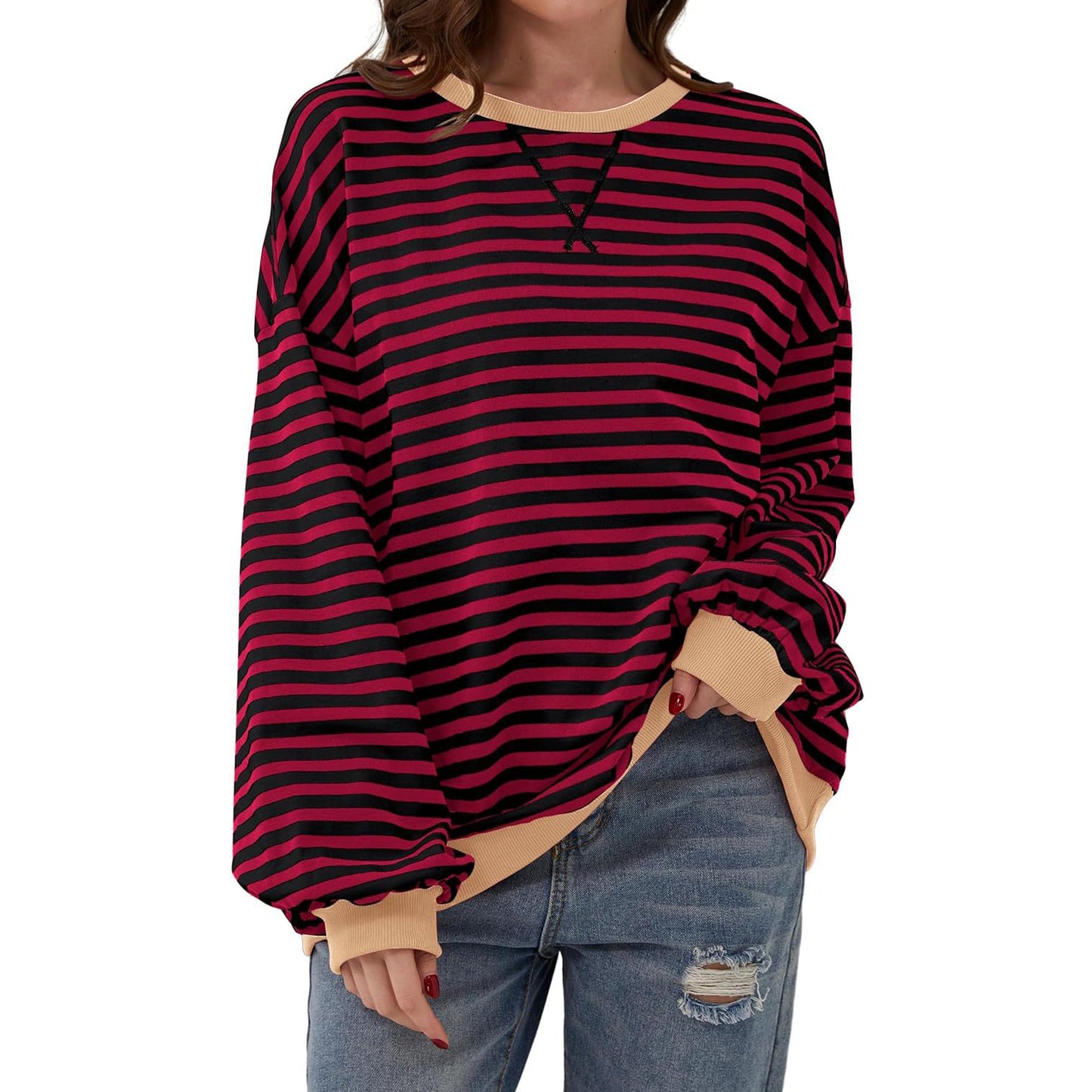 Løs stribet langærmet T-shirt afslappet pullover sweater til dametøj