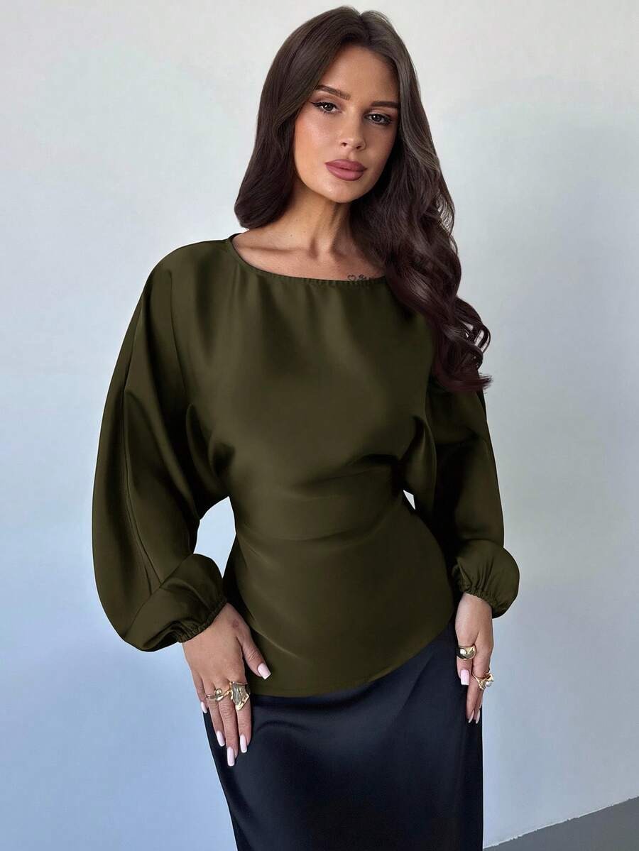 Casual Round Neck Lace-up Waist Shirt For Women
