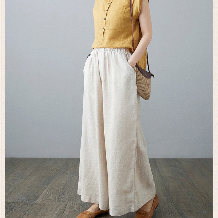 Women's Casual Cotton And Linen Loose High Waist Straight Wide Leg Pants
