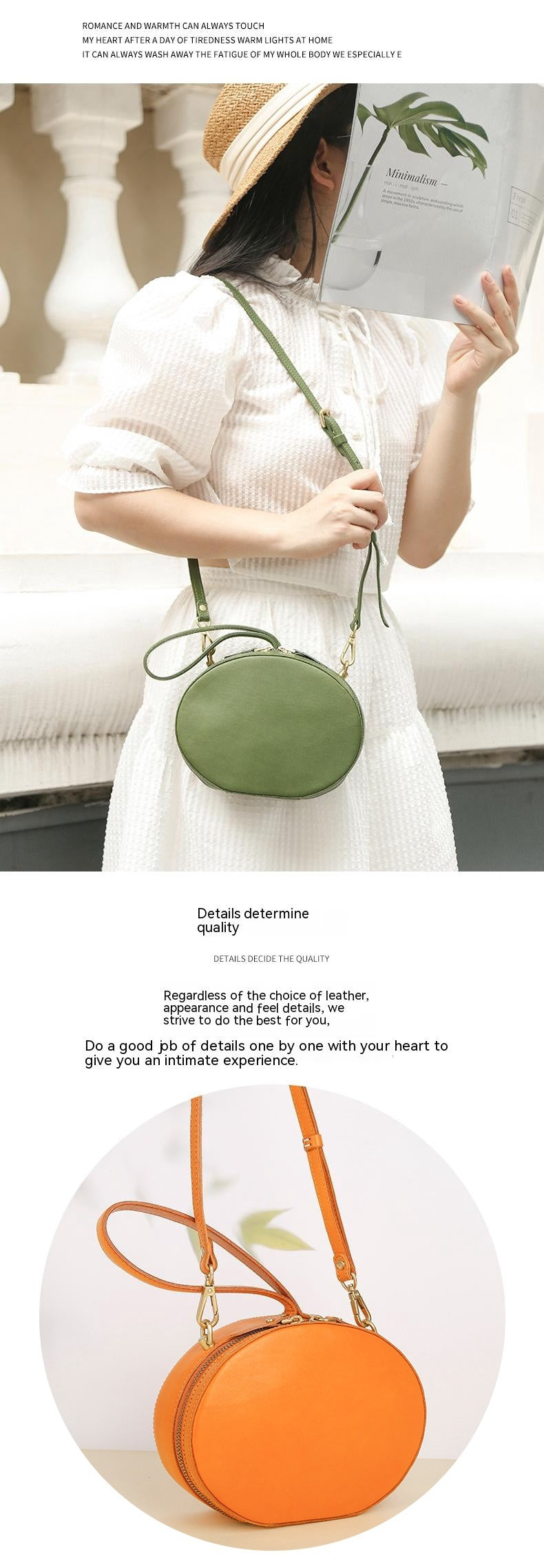 First Layer Cowhide Women's Crossbody Bag Simple Round Hand Carrying Retro