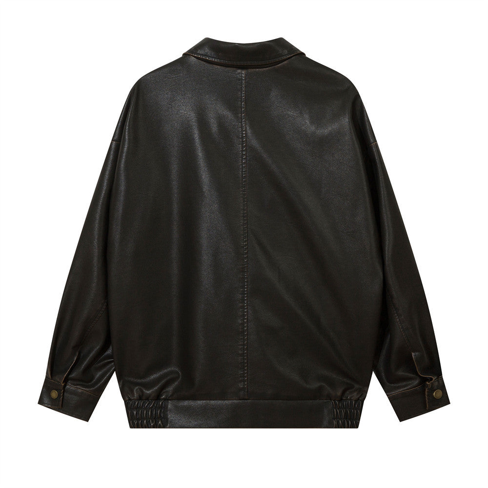 American Solid Color Polo Collar PU Leather Coat