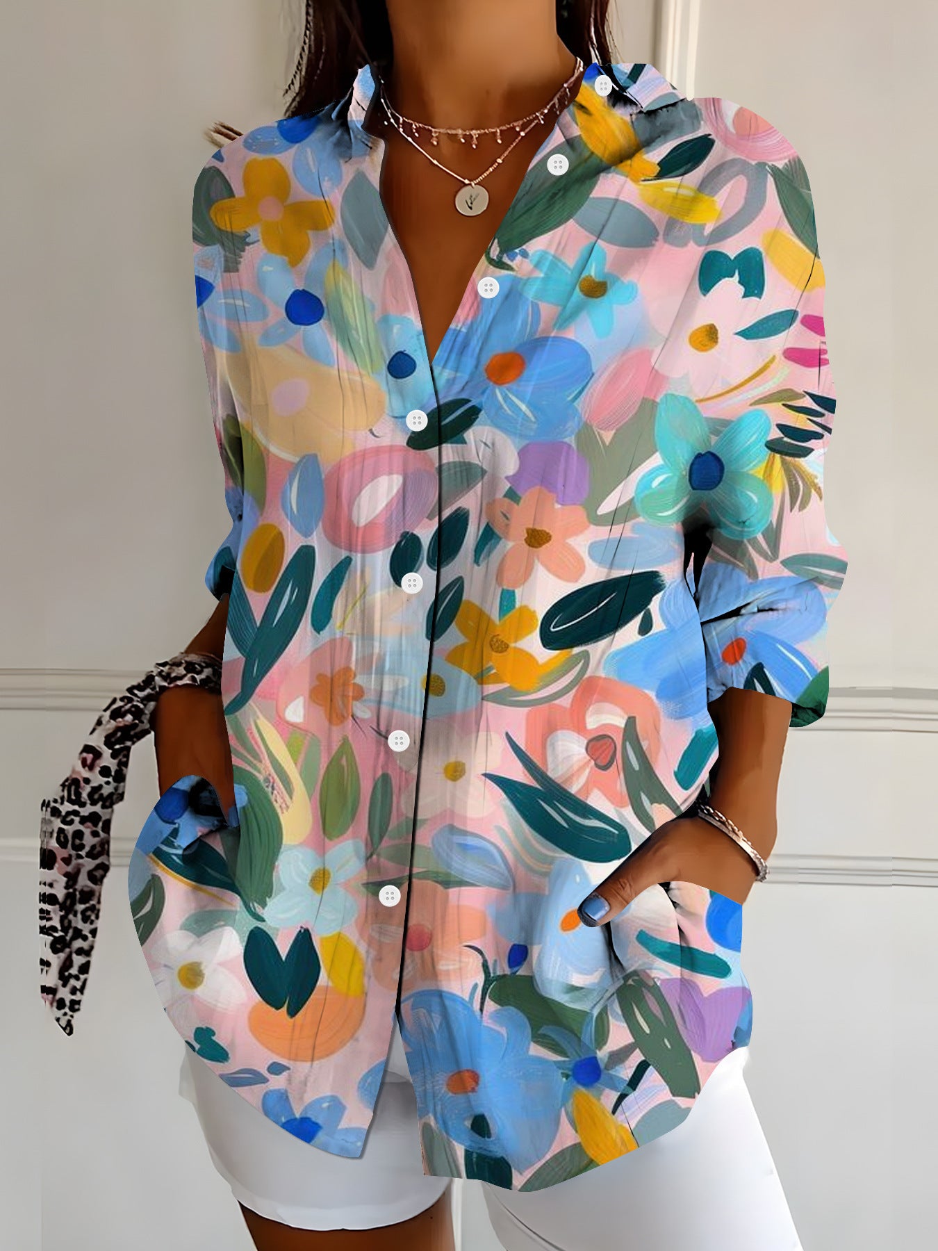 Womens Vibrant Colorful Floral-patterned Long-sleeve Shirt