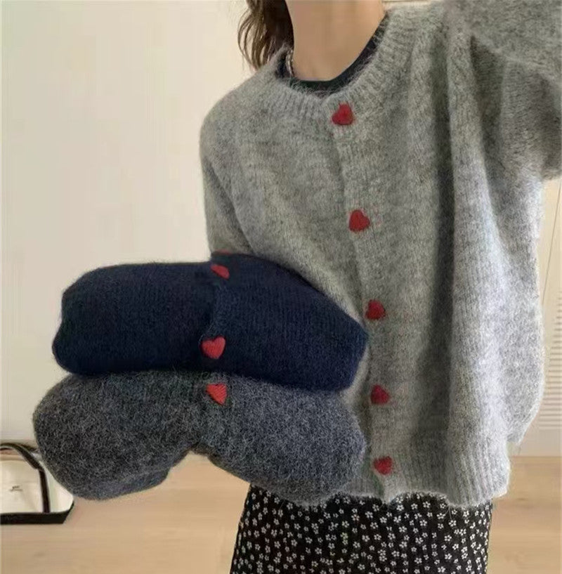Rundhalset Matchende Design Kærlighed Pige Spænde Strikket Cardigan Sweater Frakke Til Kvinder