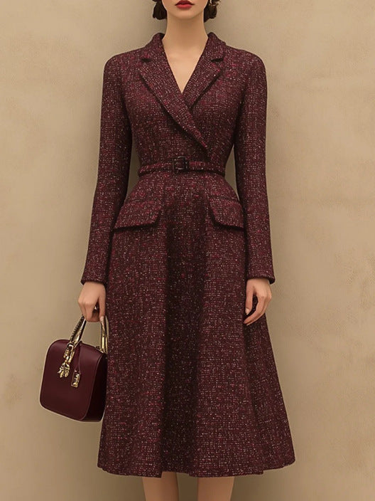 Retro Elegant Red Tweed Skirt With A Lapel Neckline