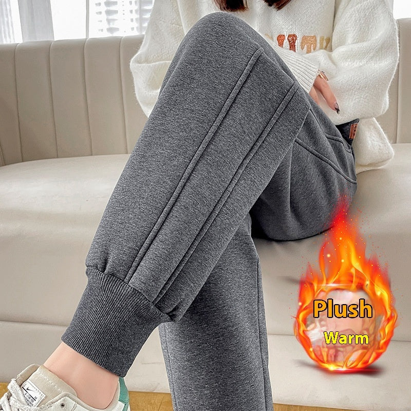 Winter New Fleece-lined Thickened High Waist Ankle-tied Harem Pants