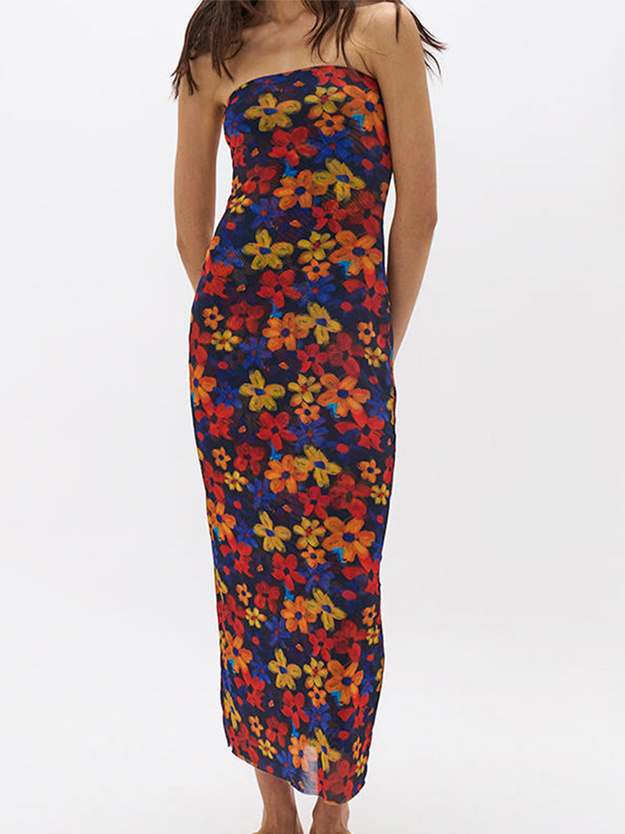 Sleeveless Off-shoulder Halterneck Sexy Backless Printed Dress