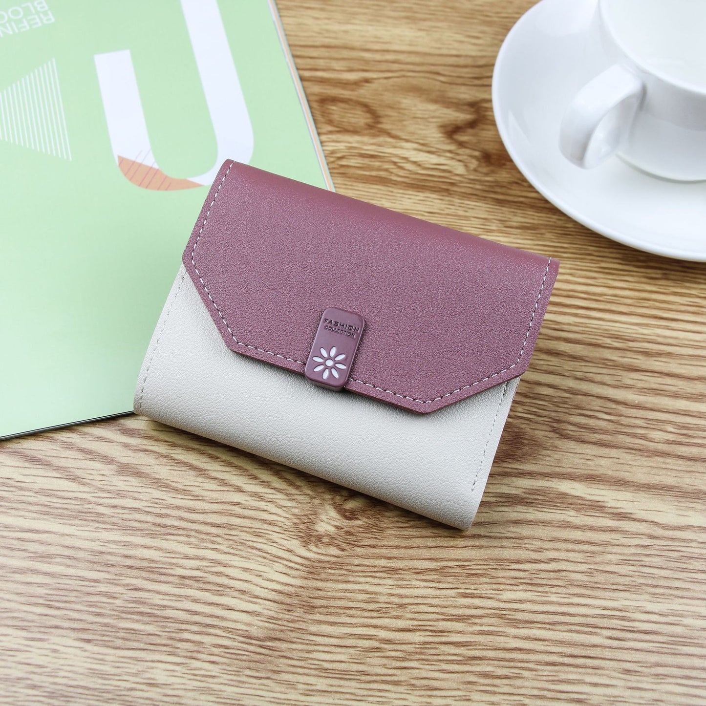 Women's Coin Purse Tri-fold Contrast Color Buckle Short Student Wallet