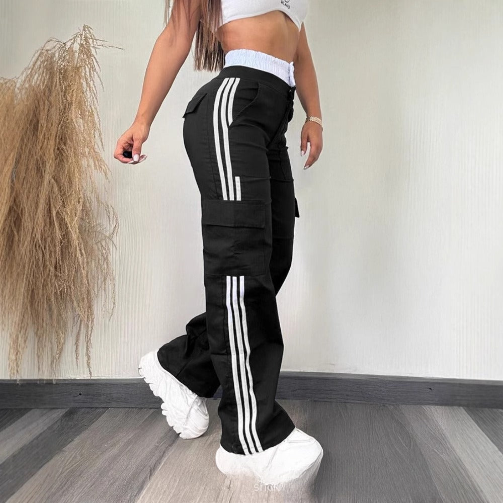 Partial Contrast Color Double Waist Leisure Sports Ribbon Wide-leg Overalls