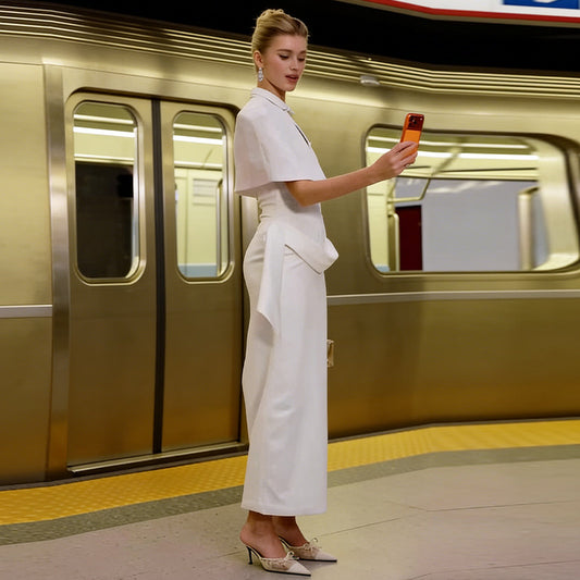 Elegant And Graceful White Sheath Dress With A Shawl-style Wrap