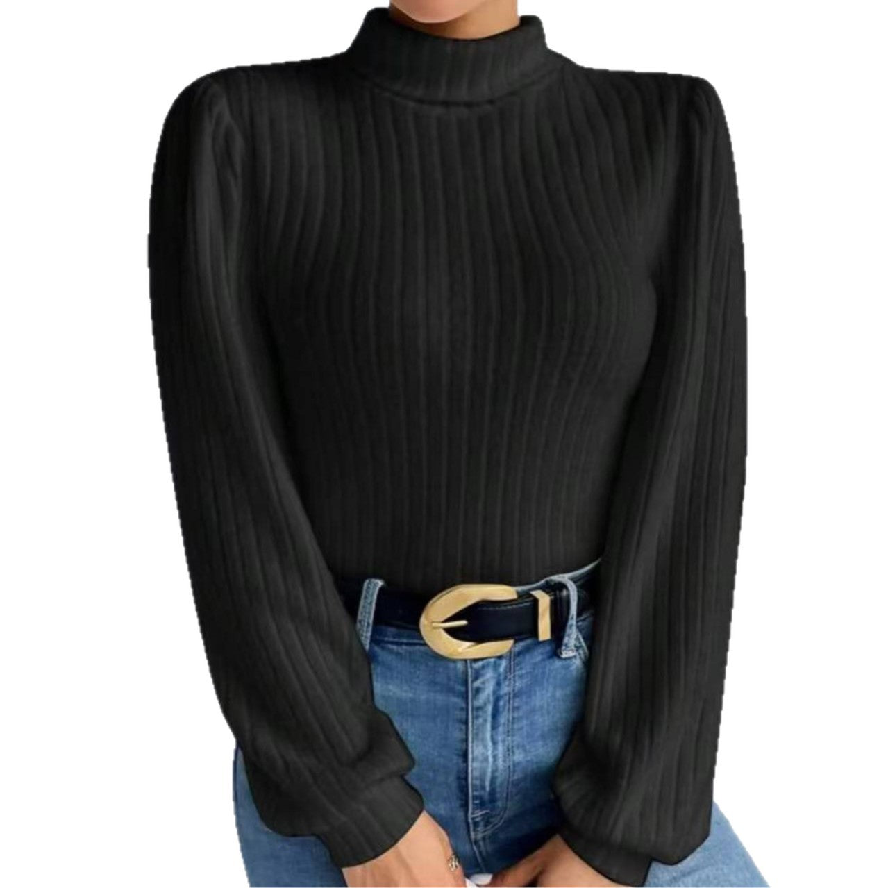 Knitted Brushed-fabric Top With A Turn-down Collar And Lantern Sleeves