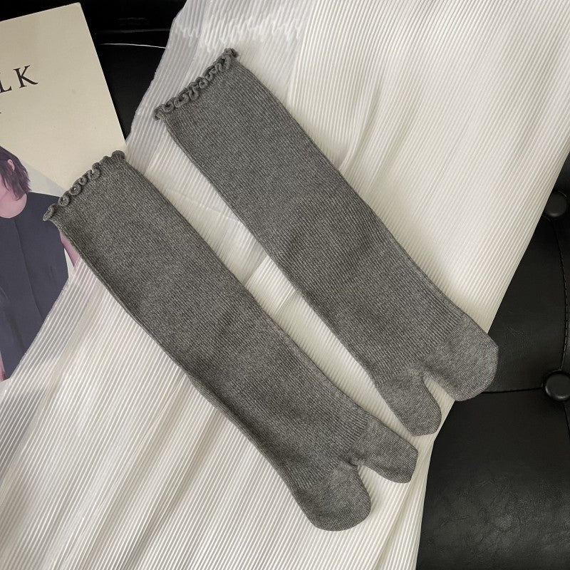 Split Toe Wooden Ear Double Needle Thin Sprout Solid Color Mid-calf Length Socks Bunching Socks Artistic Women's Socks