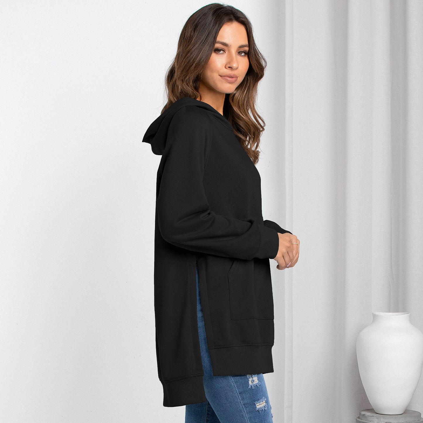 Women's Fashion Hooded Pullover Solid Color Sweatshirt Top