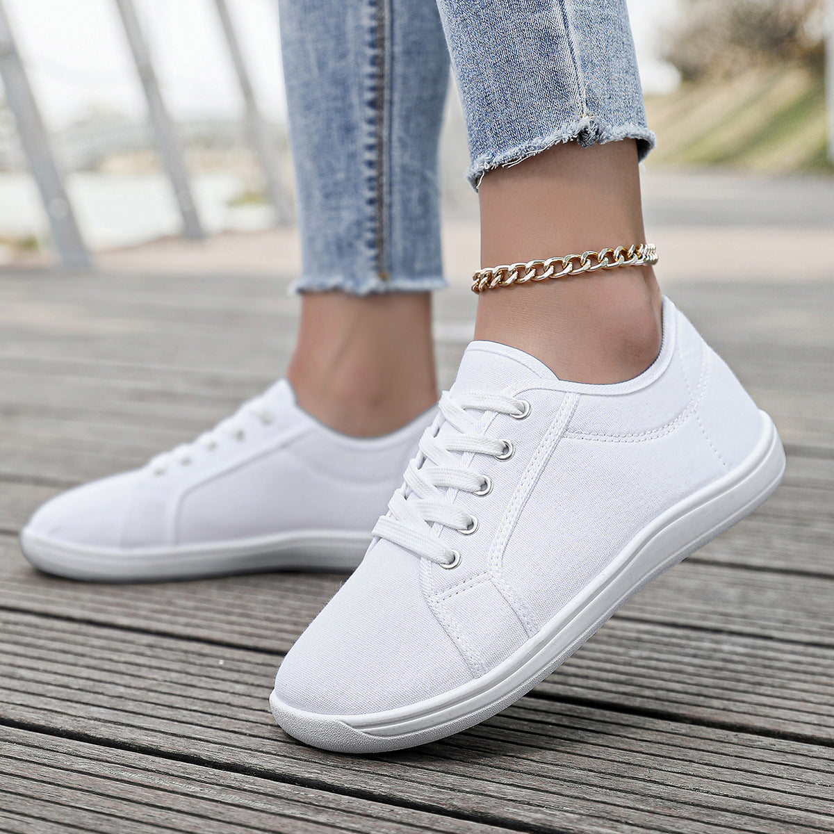 White Canvas Sneakers With Soft Soles For Couples