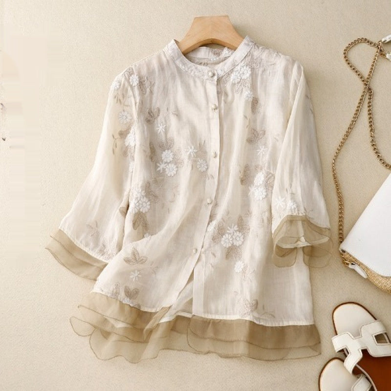 Artistic Retro Heavy Industry Embroidered Cotton And Linen Top