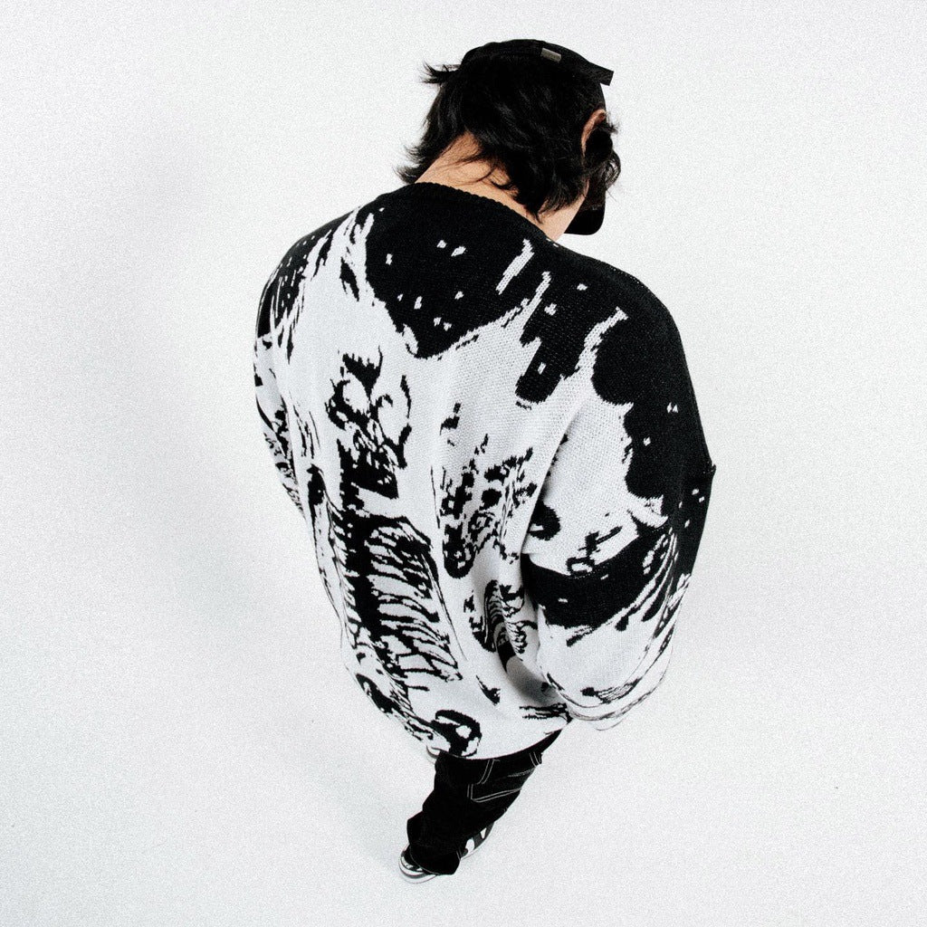 Jacquard Rund Hals Efterårs- og Vinter Flamme Dødningehoved Sweater Teenagere Løstsiddende Overtøj Top