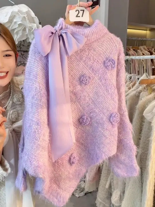 French High-neck Bow Tie Sequin Sweater Loose Irregular