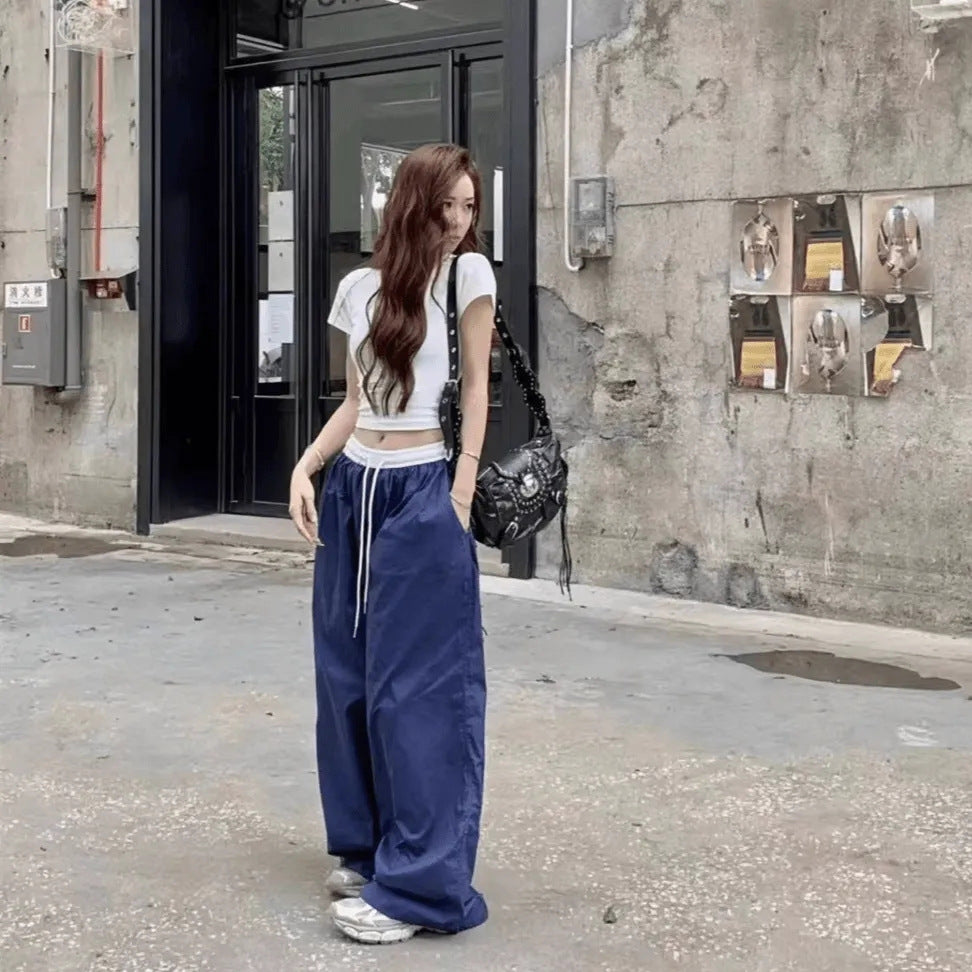 American Retro Street Style Stitching Contrast-color High Waist Tooling Pants