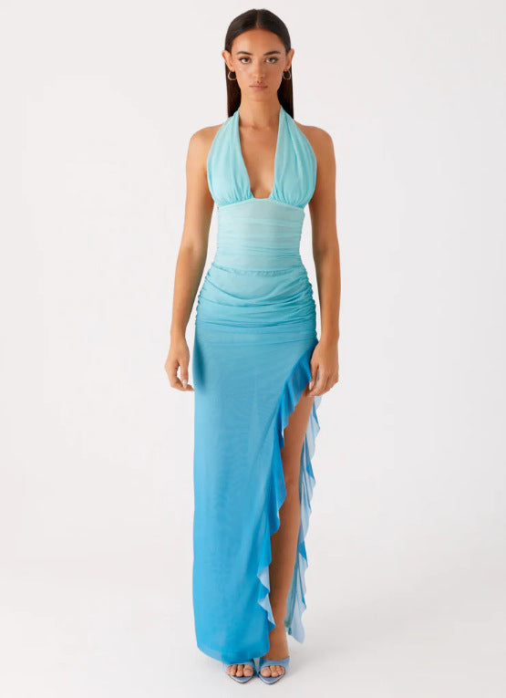Body-hugging Halter-neck Sexy V-neck Dress With Ruffled Hem And Side Slit