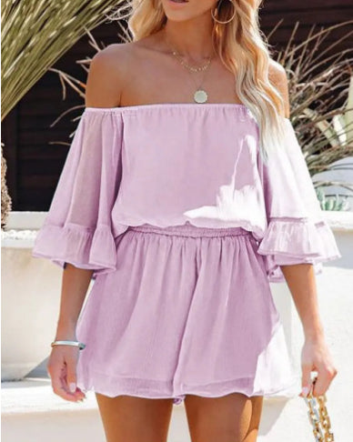 Patchwork Short Sleeve Loose Solid Color Chiffon Jumpsuit