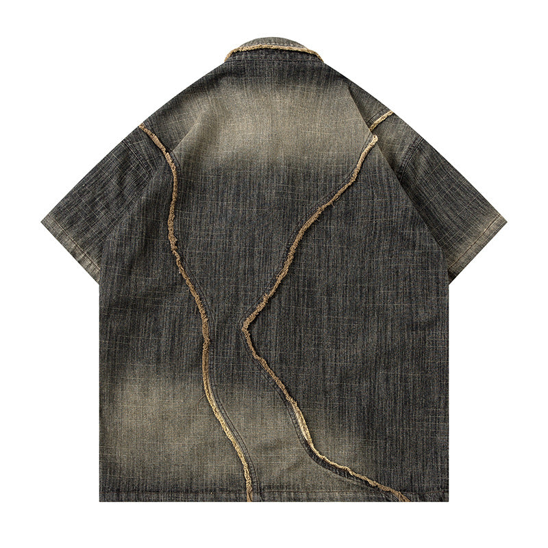 Worn Looking Washed-out Gradient Design Sense Denim Short Sleeve Shirt Men