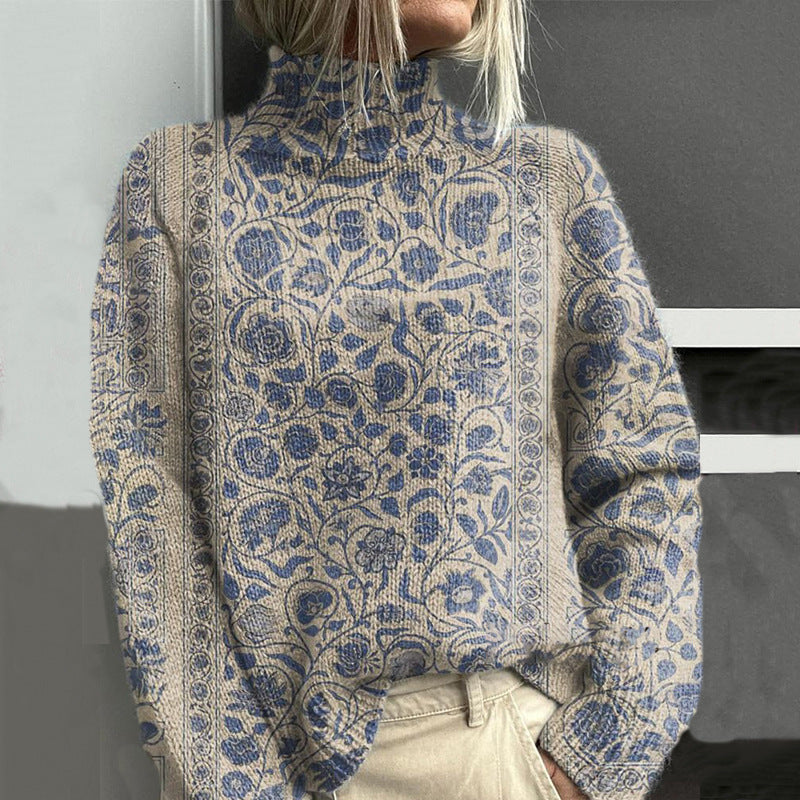 New 3D-printed Loose-fitting High-neck Top For Fallwintercross-border Style Casual Off-shoulder Design For Women