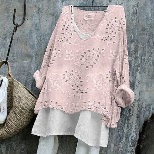 Vintage Western Paisley Floral Lace Linen Blend Long-sleeve Top