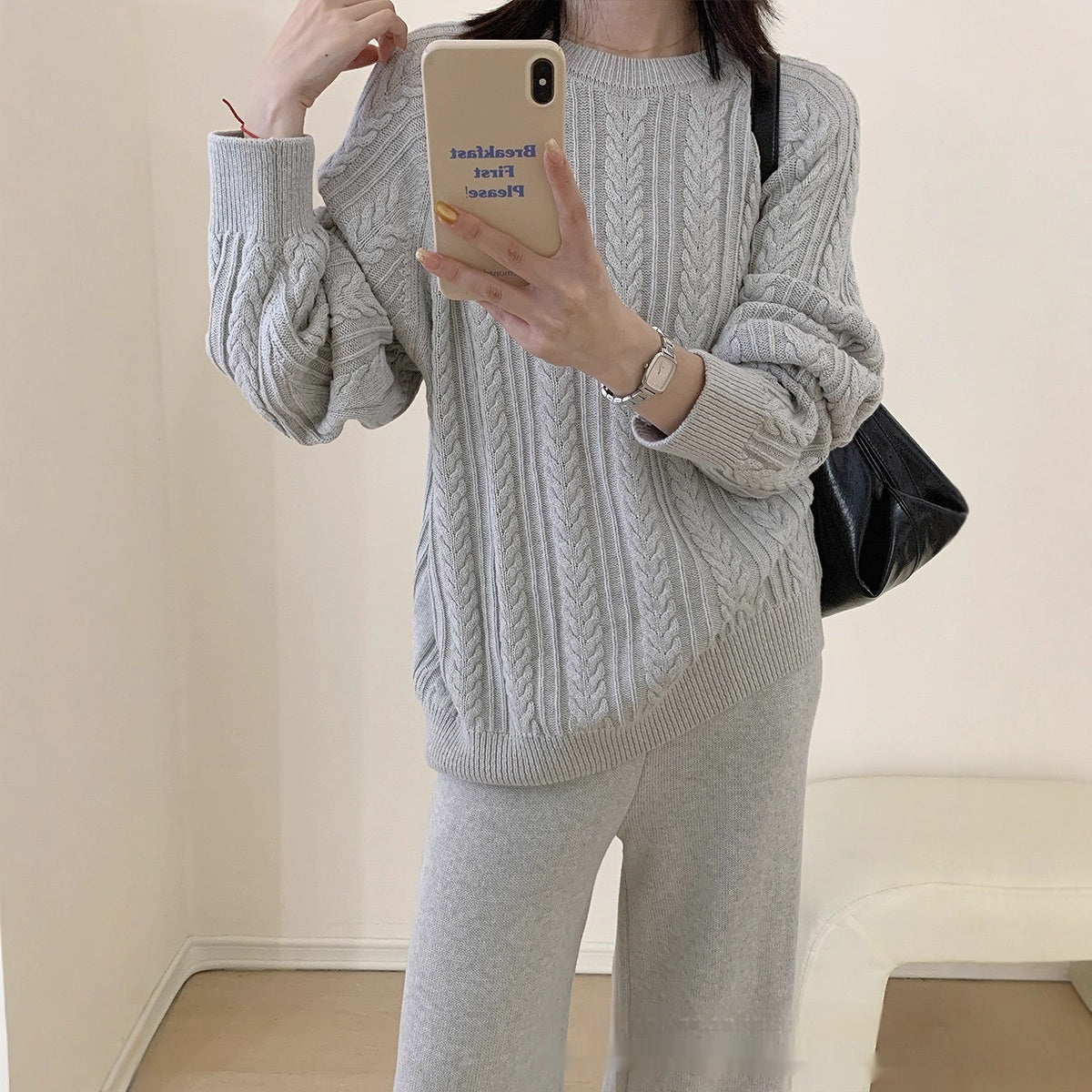 Round Neck Knitted Long Sleeve Vertical Stripe Twist Loose All-matching Top Soft Trousers