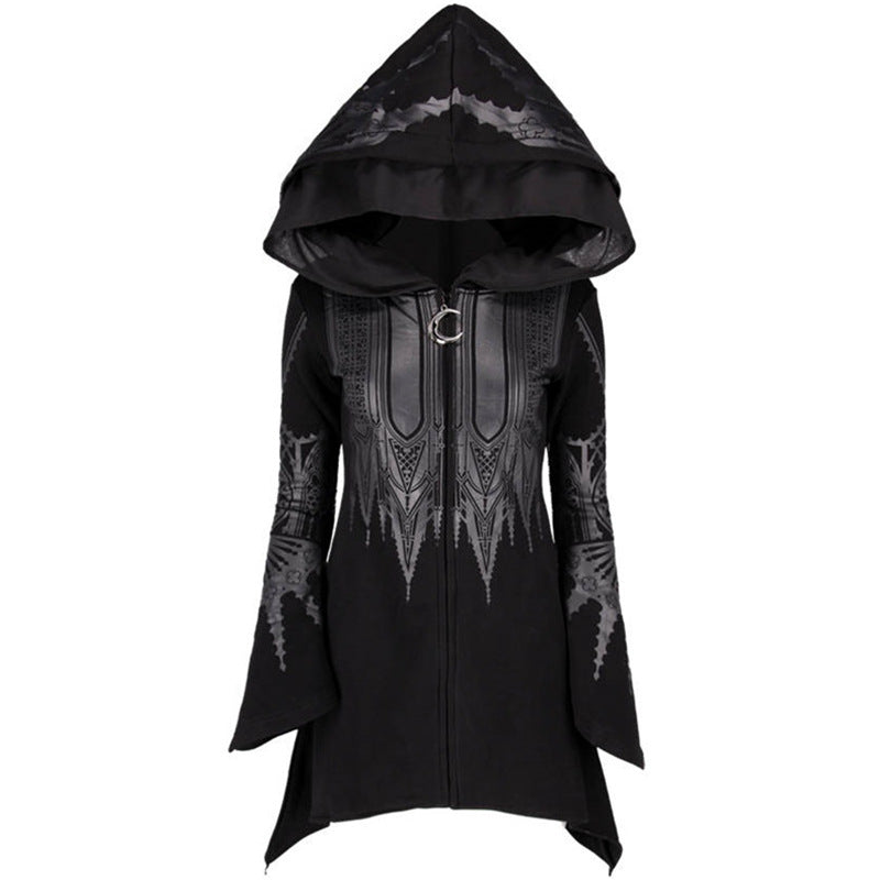 Halloween Cosplay Hættetrøje Dame Punk Sort Lang Hættetrøje med Print Sweater