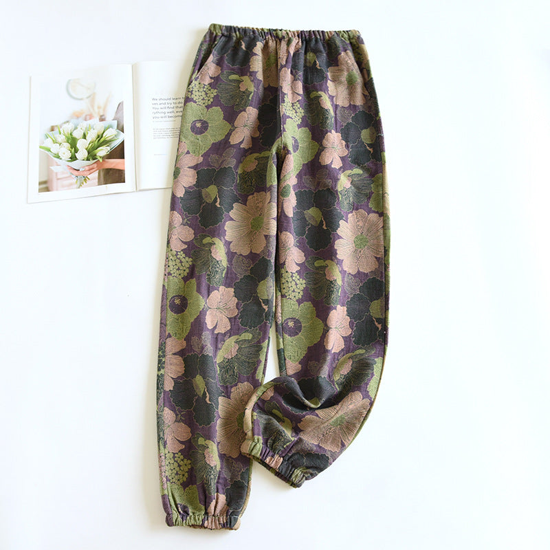 Women's Fashion Casual Cotton Yarn-dyed Vintage Jacquard Pajama Pants